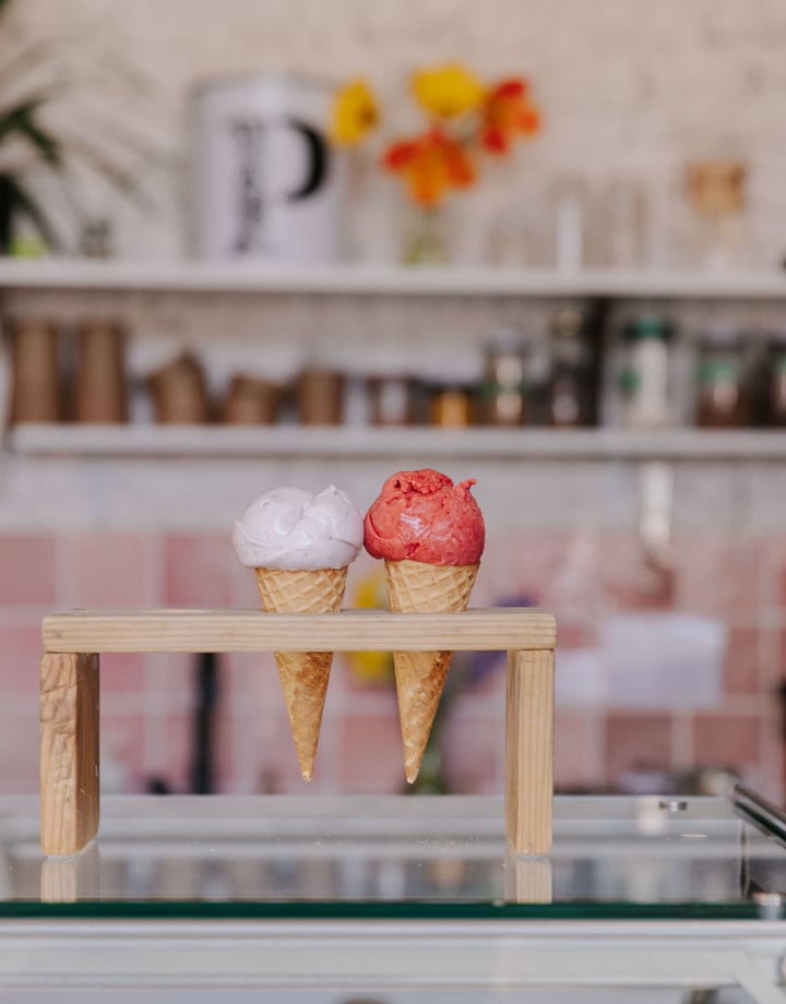 Two ice creams in holder at Utopia Ice, Christchurch.