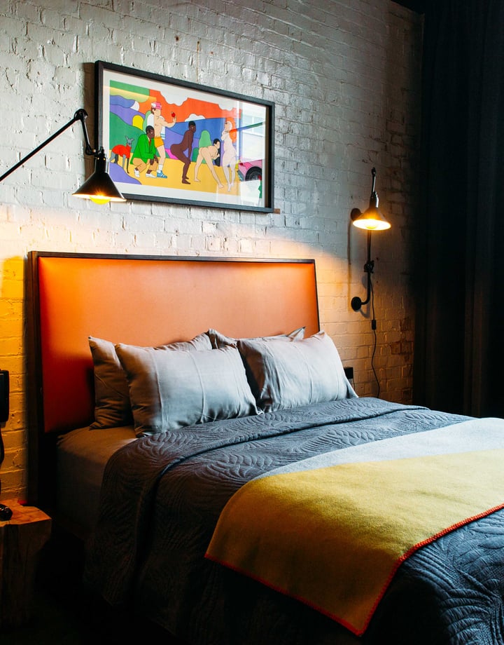 A colourful bedroom inside The Intrepid Hotel in Wellington.