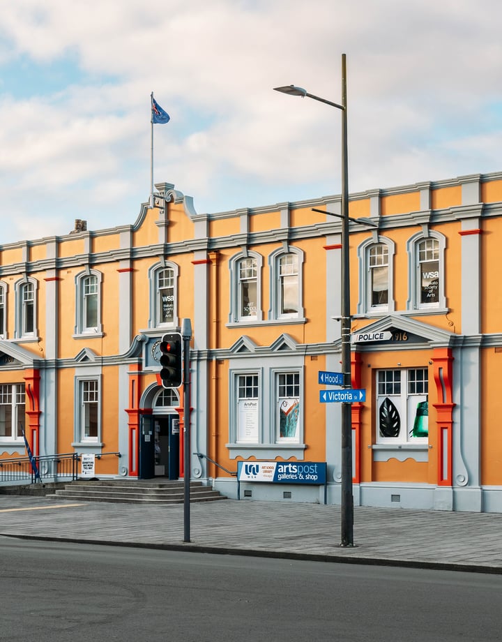 Exterior of Arts Post Building in Hamilton with street in front of it.