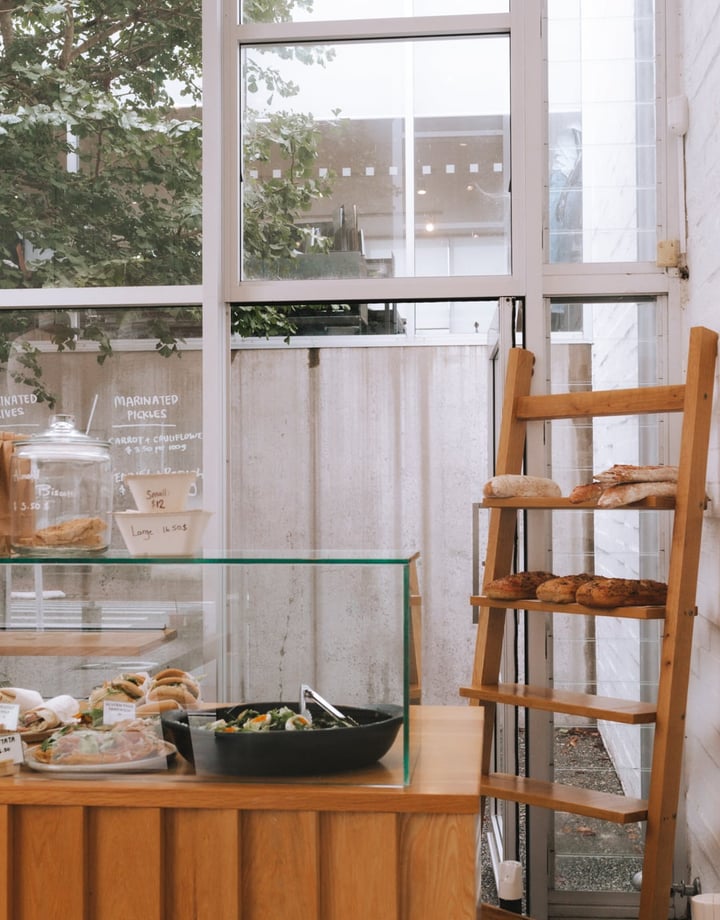 Bread, sandwiches and salads in the cabinet in Little Rosie.