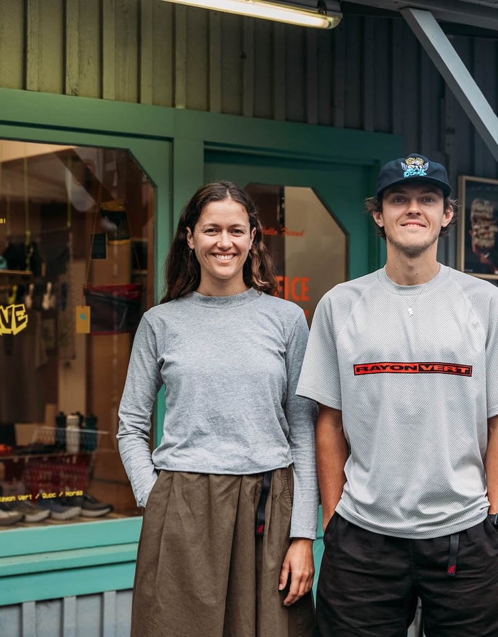 Portrait of Alice & Fionn outside Heatwave store in Wānaka