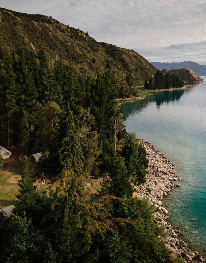 A view from above The Camp at Lake Hāwea in Wanaka.