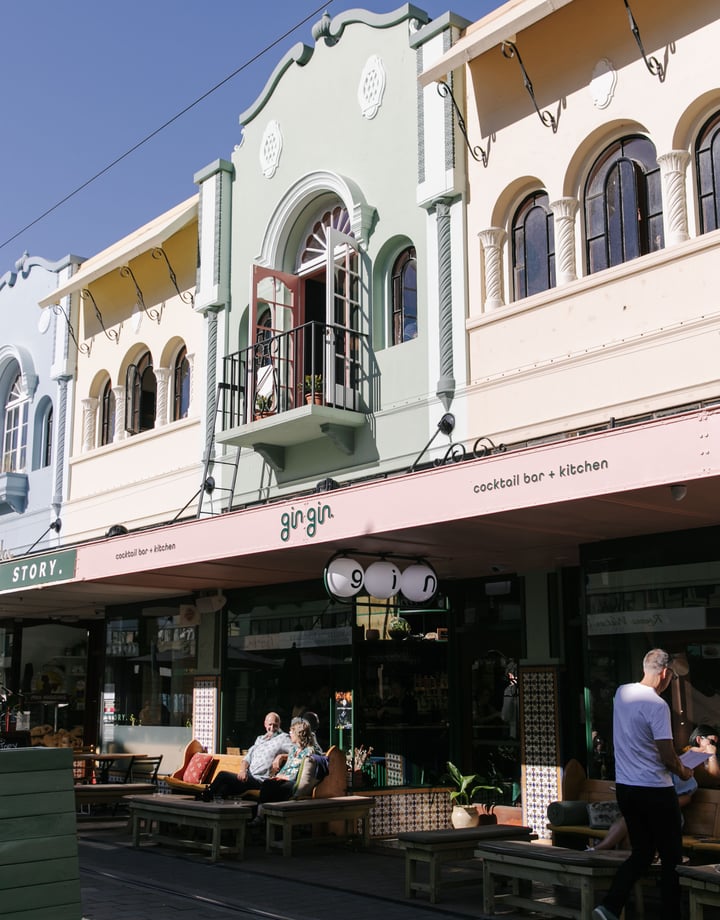 The colourful facades on New Regent Street on a sunny day.