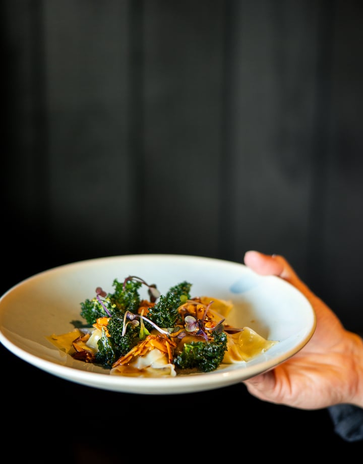 A hand holding a plate of food.