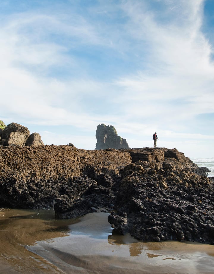 A lone man standing at Anawhata Bay.