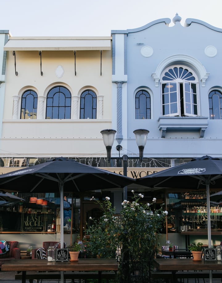 Blue, yellow and green building fronts in Christchurch's new regent street.