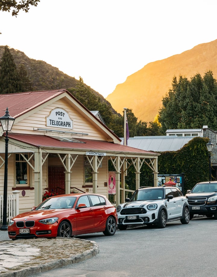 Little Arrowtown shops at sunset.