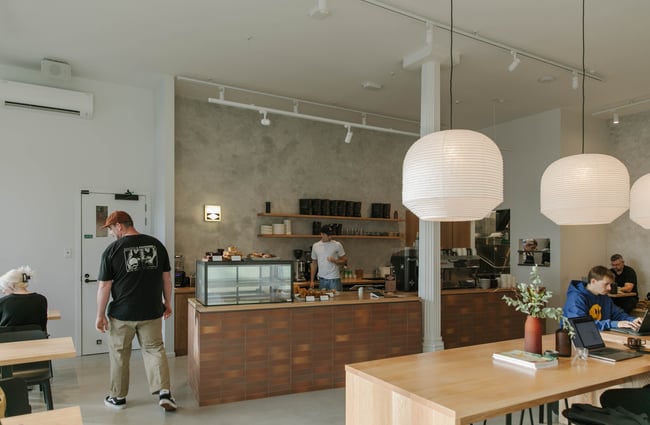 The seating and counter are of inside Akin Cafe in Christchurch.