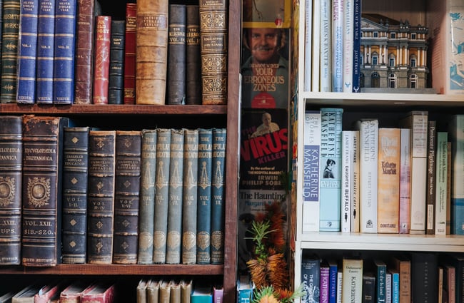 Close up of books on a shelf.
