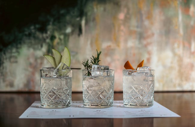 Three glass tumblers of gin and tonics with different botanicals at gin gin in Christchurch.