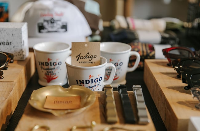 Close up of Indigo & Provision branded cups for sale at Indigo & Provisions, Christchurch.