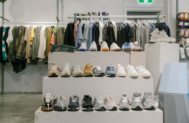 Shoes on a shelf at Infinite Definite in Christchurch.