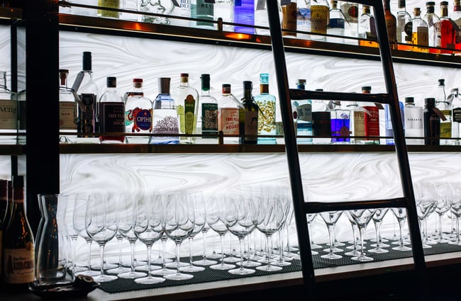Glasses and spirits on display at Itch Wine Bar, New Plymouth.