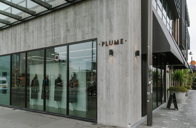 The exterior and entrance to the PLUME clothing store in Christchurch.