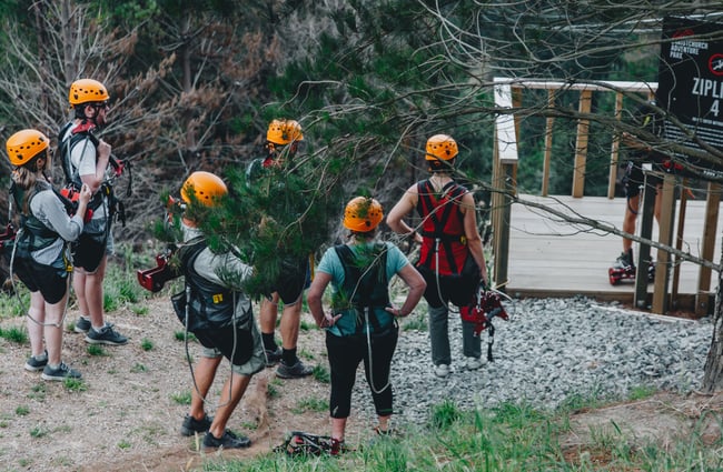A group of people waiting for the zipline Adventure Park in Christchurch.
