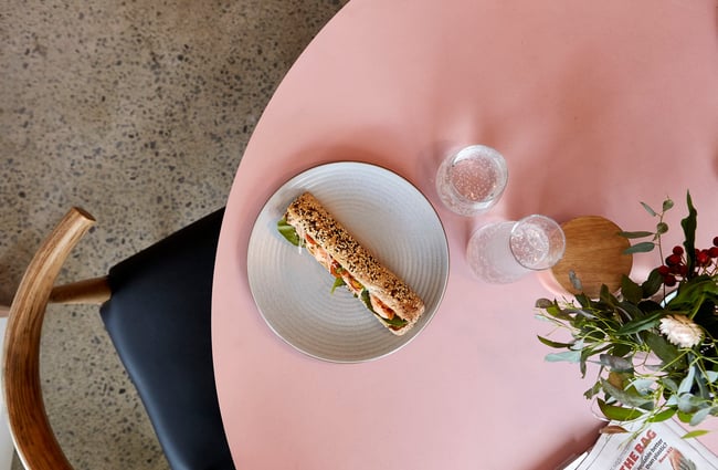 A sandwich on a plate inside Frank's Newtown cafe in Newtown Wellington.