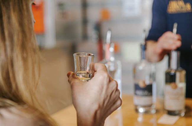 A woman holding a shot glass of gin at Humdinger Gin Distillery in Geraldine.