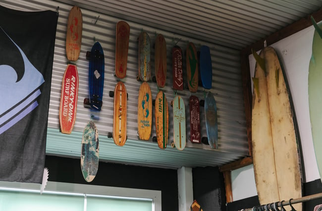 Skateboards for sale at Kaikōura Surf Company.