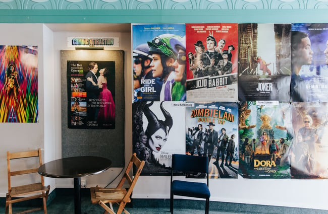 Close up of movie posters on a wall.