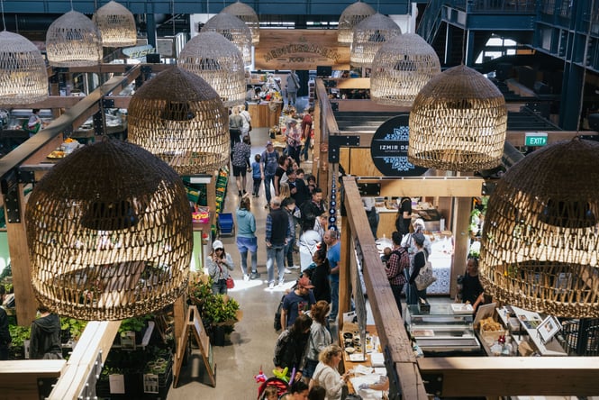 Interior view of a busy Riverside Market in Christchurch.