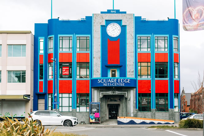 The blue and red building of the Square Edge Art Gallery.