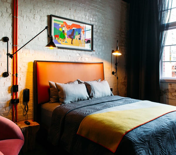 A colourful bedroom inside The Intrepid Hotel in Wellington.