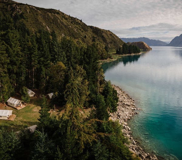 A view from above The Camp at Lake Hawea in Wanaka.