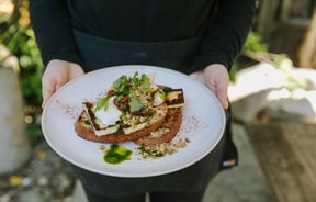 Person holding a plate of halloumi and poached eggs from Deville, Nelson.