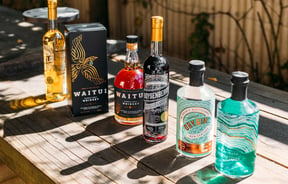 Bottles of spirits lined up on a wooden table on a sunny day.