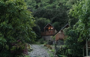 The wooden cabin set amongst bush.