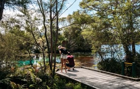 Two people leaning towards the water at Te Waikoropupū Springs.