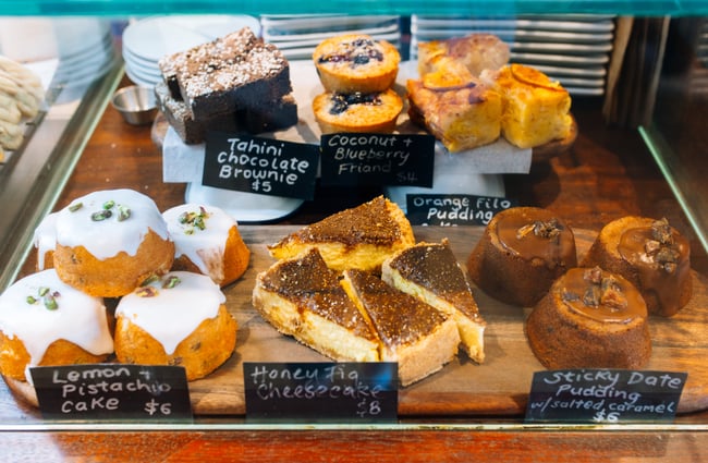 A cabinet full of baked sweet treats at Big Fig in Wānaka.