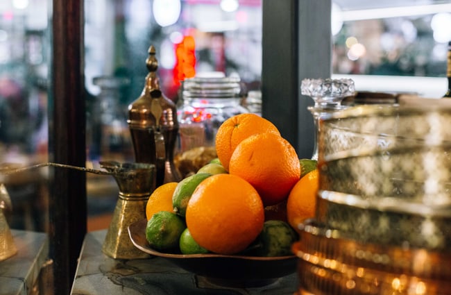Close up of bowl of oranges on a counter at Gemmayze Street.