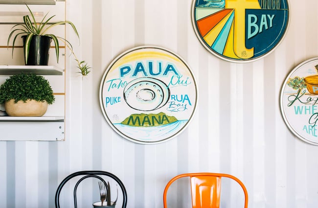 Paua prints on the wall at Get Fixed Bicycle Cafe, Porirua.