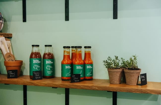 Sauces on display on a shelf at Herba Gourmet in Christchurch.