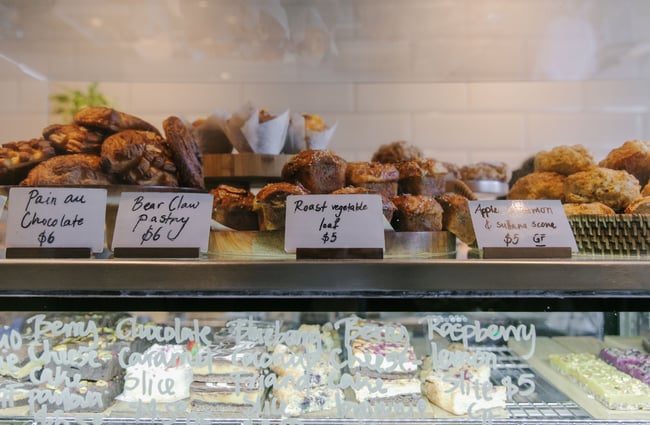 Baked goods inside the glass cabinet inside Lux Espresso.
