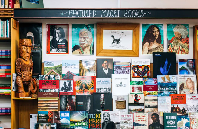 Featured Maori books on shelves.