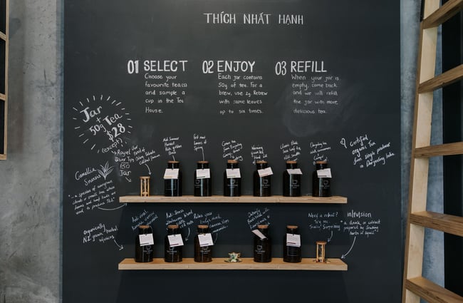 Tea menu written on a blackboard.