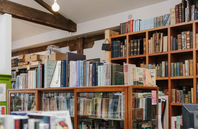 View of second-hand books for sale at Smith's Bookshop, Christchurch.