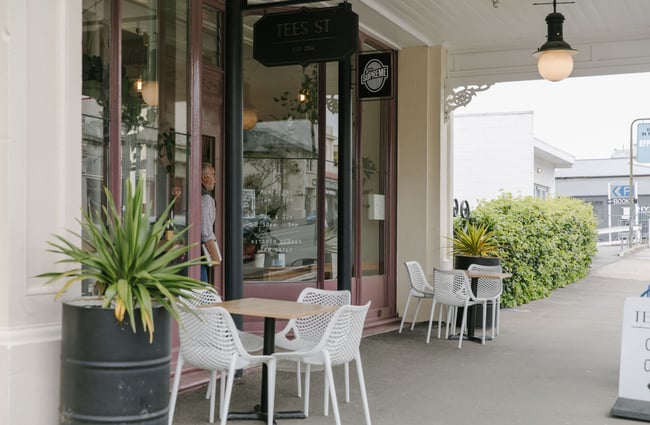 The outside seating area at the Tees St cafe in Oamaru.