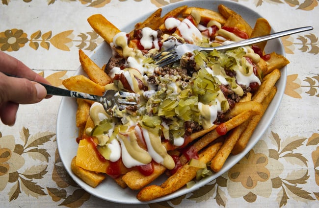 A close up of loaded fries.