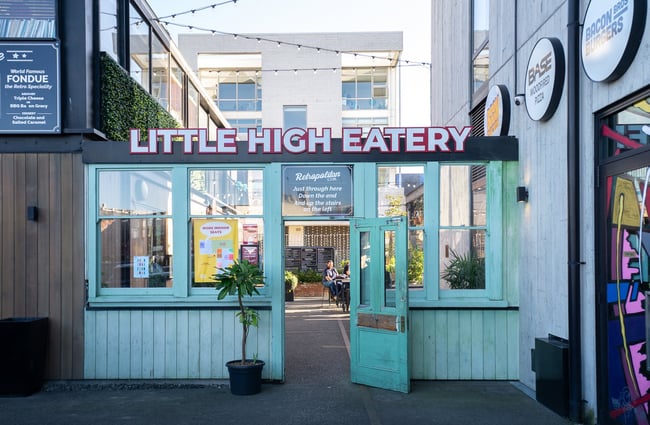 A painted blue entrance to 'Little High' in Christchurch.