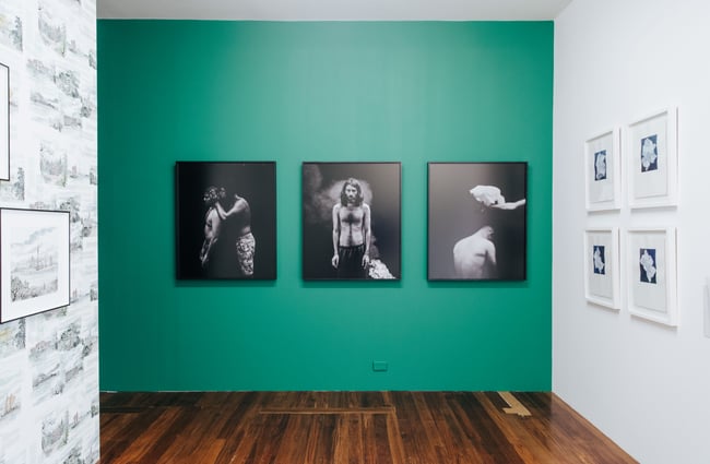 Black and white photos on a green wall.