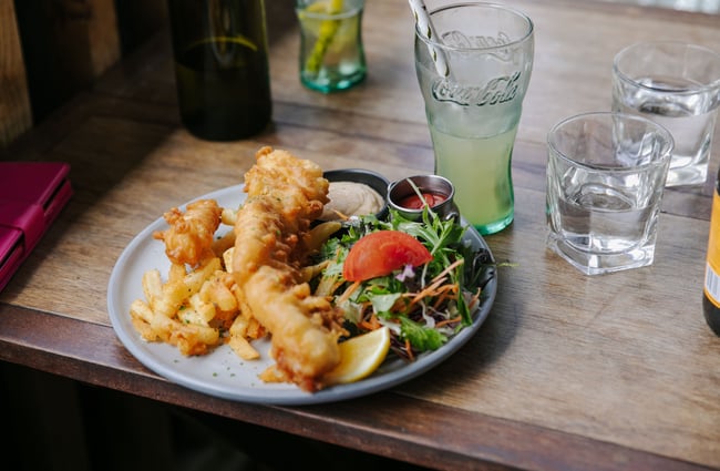 Fish and chips on a table.
