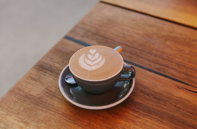 Flat white on a table at Alberta's, Māpua Wharf.