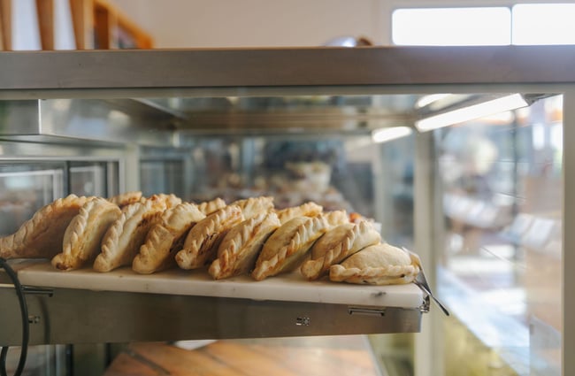 Pasties in the cabinet at Alberta's, Māpua Wharf.