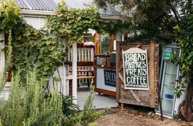 A doorway into a cafe.