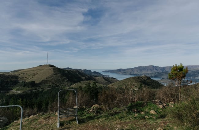 The view over to Sugarloaf comms tower and Lyttelton Harbour from the top of Christchurch Adventure Park.