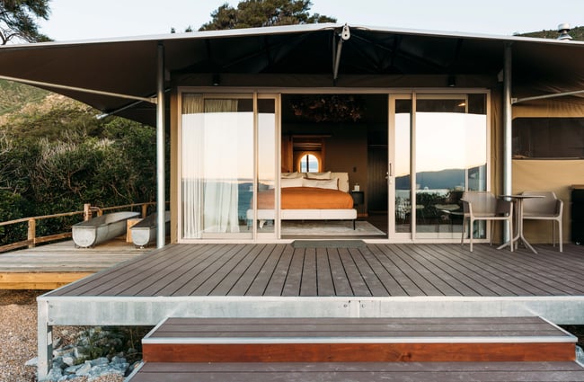 A view of the bedroom from the deck at Drift Off.