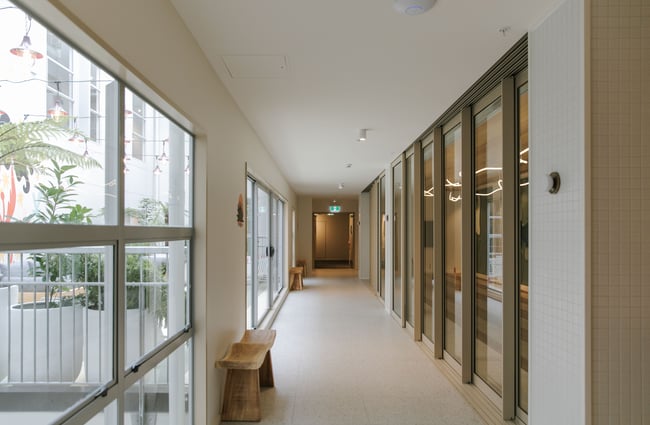 A light and bright hallway inside Drifter Christchurch.